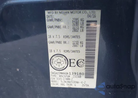 2016 Nissan Murano Platinum/S/Sl/Sv из США, поврежденный, VIN 5N1AZ2MHXGN139180